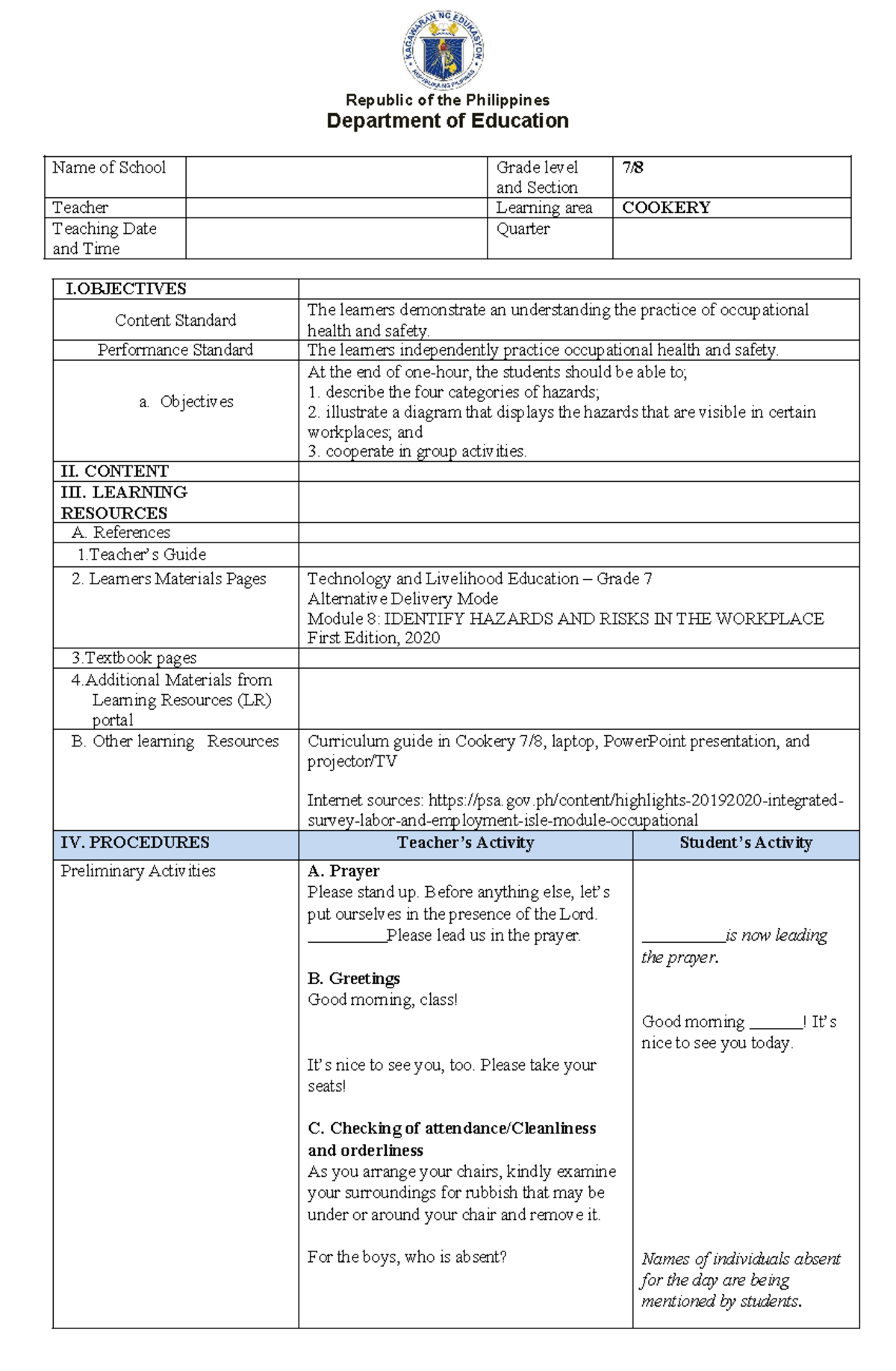 Lesson plan - Republic of the Philippines Department of Education Name ...