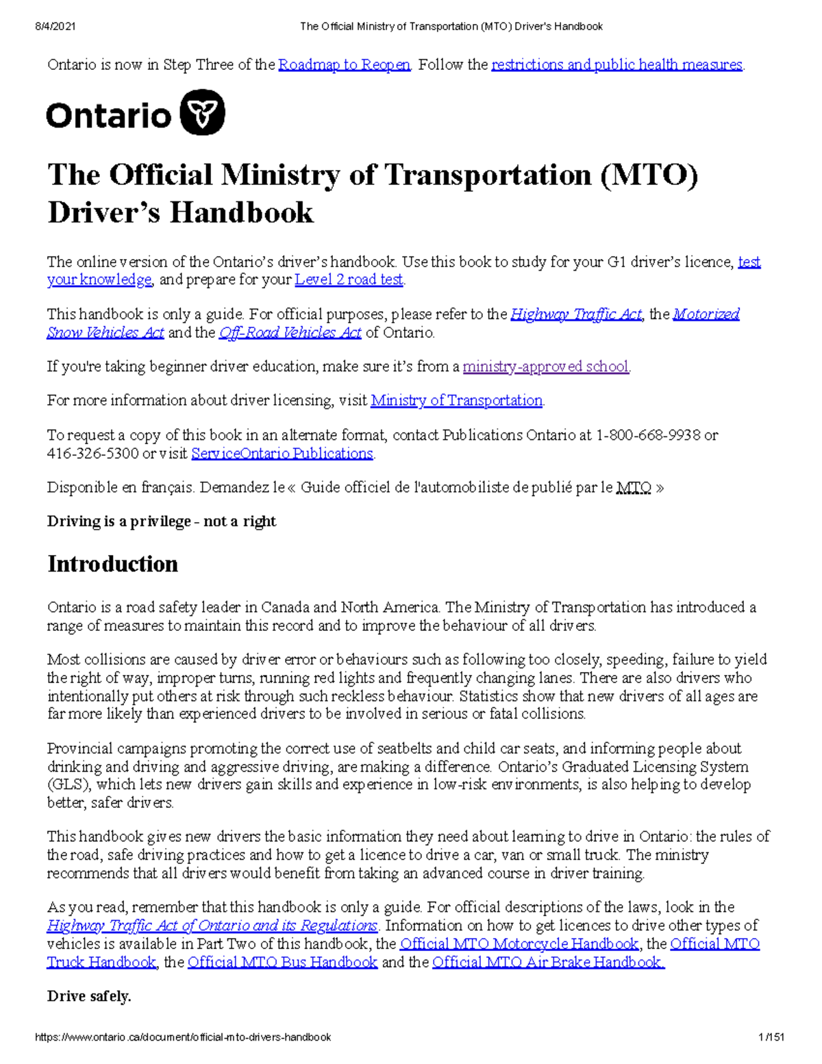 The Official Ministry of Transportation (MTO) Driver’s Handbook