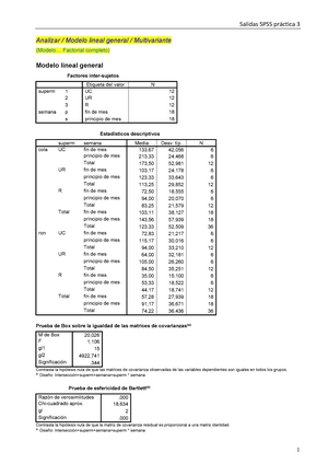 Pract 3salidas SPSS - Ejercicios SPSS - Analizar / Modelo lineal general /  Multivariante (Modelo... - Studocu