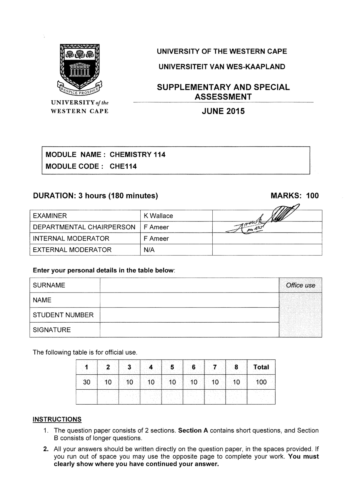 Exam 2015, Questions - UNIVERSITY Ofthe WESTERN CAPE UNIVERSITY OF THE ...