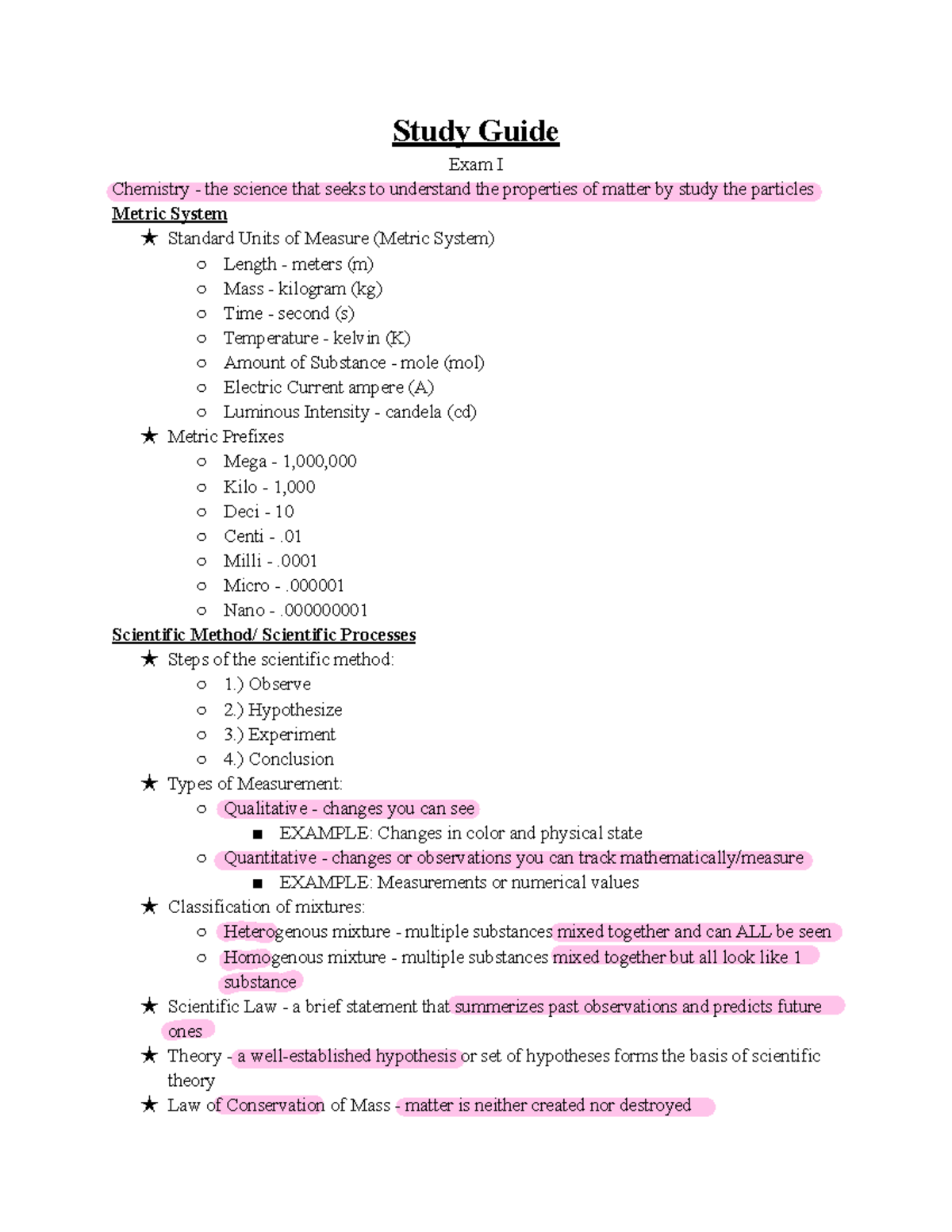 Chemistry Exam 1 Study Guide - Study Guide Exam I Chemistry - the ...