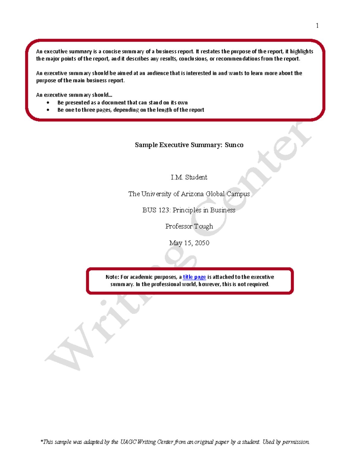 Sample Executive Summary - Student The University of Arizona Global ...