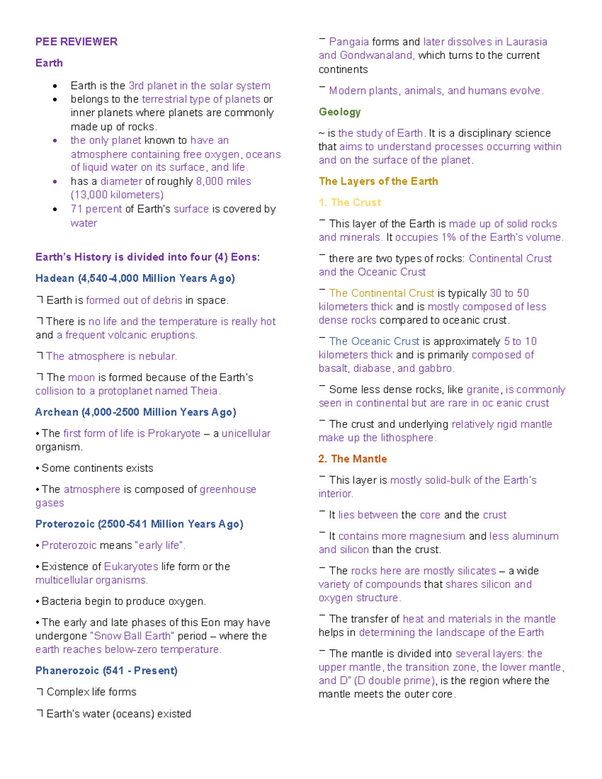 PEE Reviewer - Note in PEE - PEE REVIEWER Earth - Earth is the 3rd ...