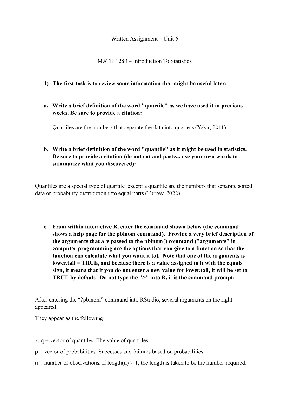 Written Assignment Unit 6 - Written Assignment – Unit 6 MATH 1280 ...