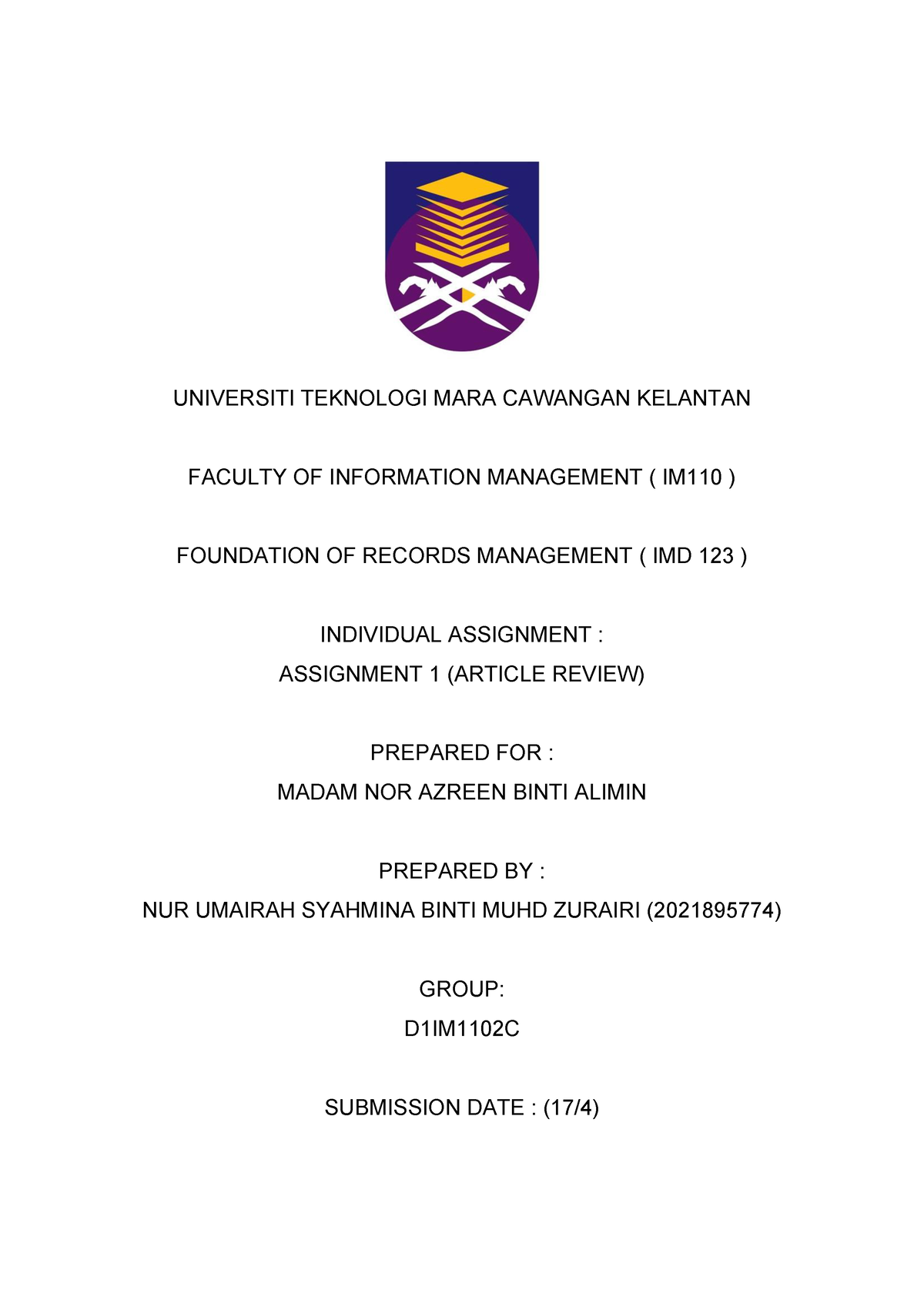 IMD123 - Assignment 1 - UNIVERSITI TEKNOLOGI MARA CAWANGAN KELANTAN ...