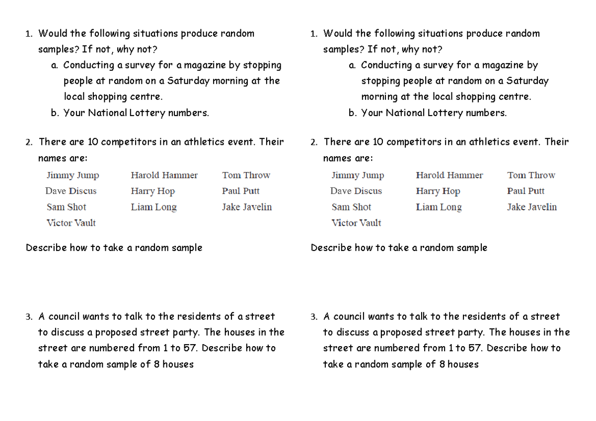 Lesson 1 Sampling 1 - Would the following situations produce random ...