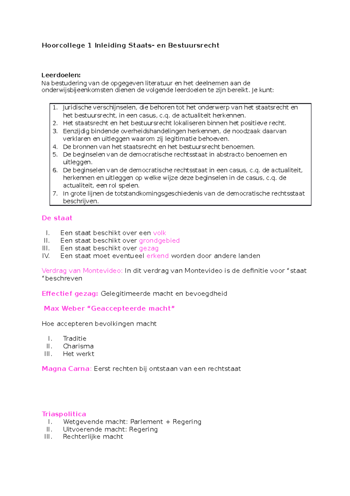 Staat- En Bestuursrecht Samenvatting - Hoorcollege 1 Inleiding Staats ...