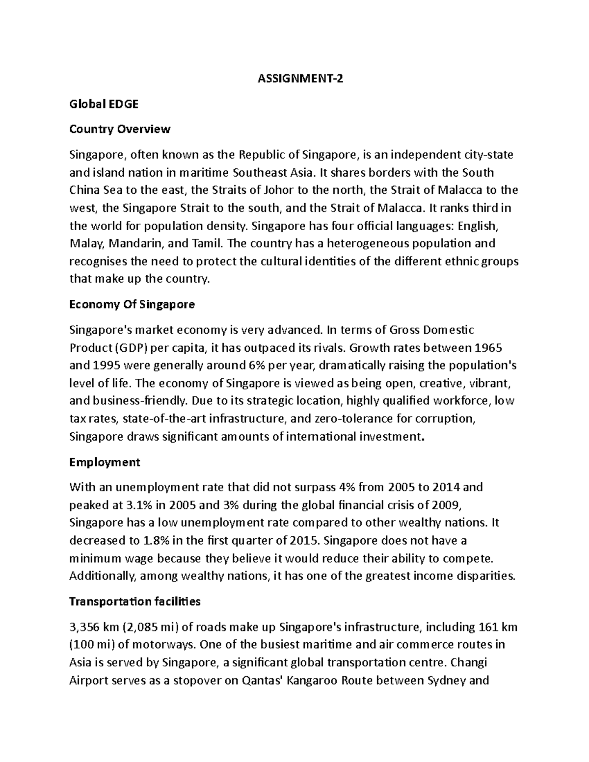 Global edge - ASSIGNMENT- Global EDGE Country Overview Singapore, often ...