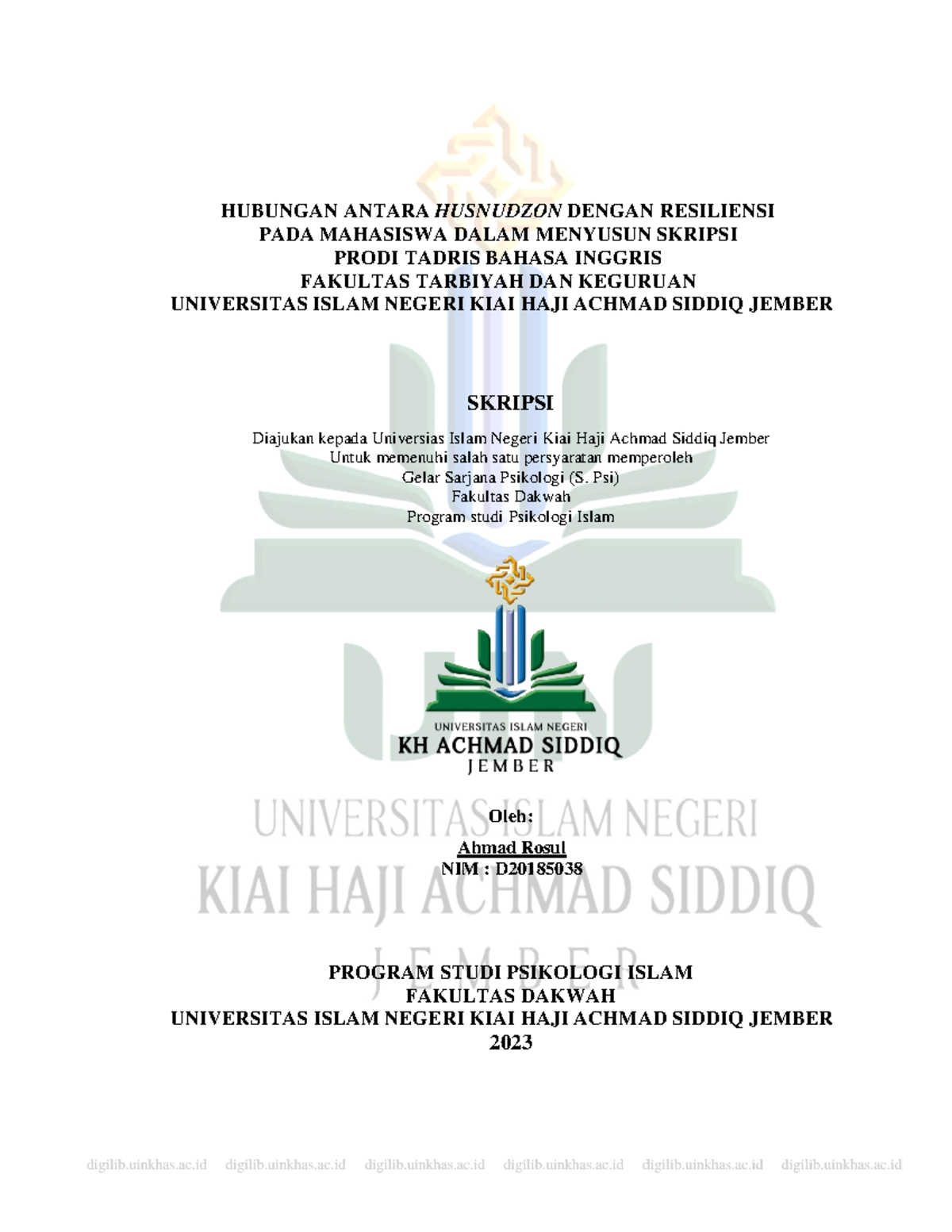 Hubungan Antara Husnudzon Dengan Resiliensi - COVER HUBUNGAN ANTARA