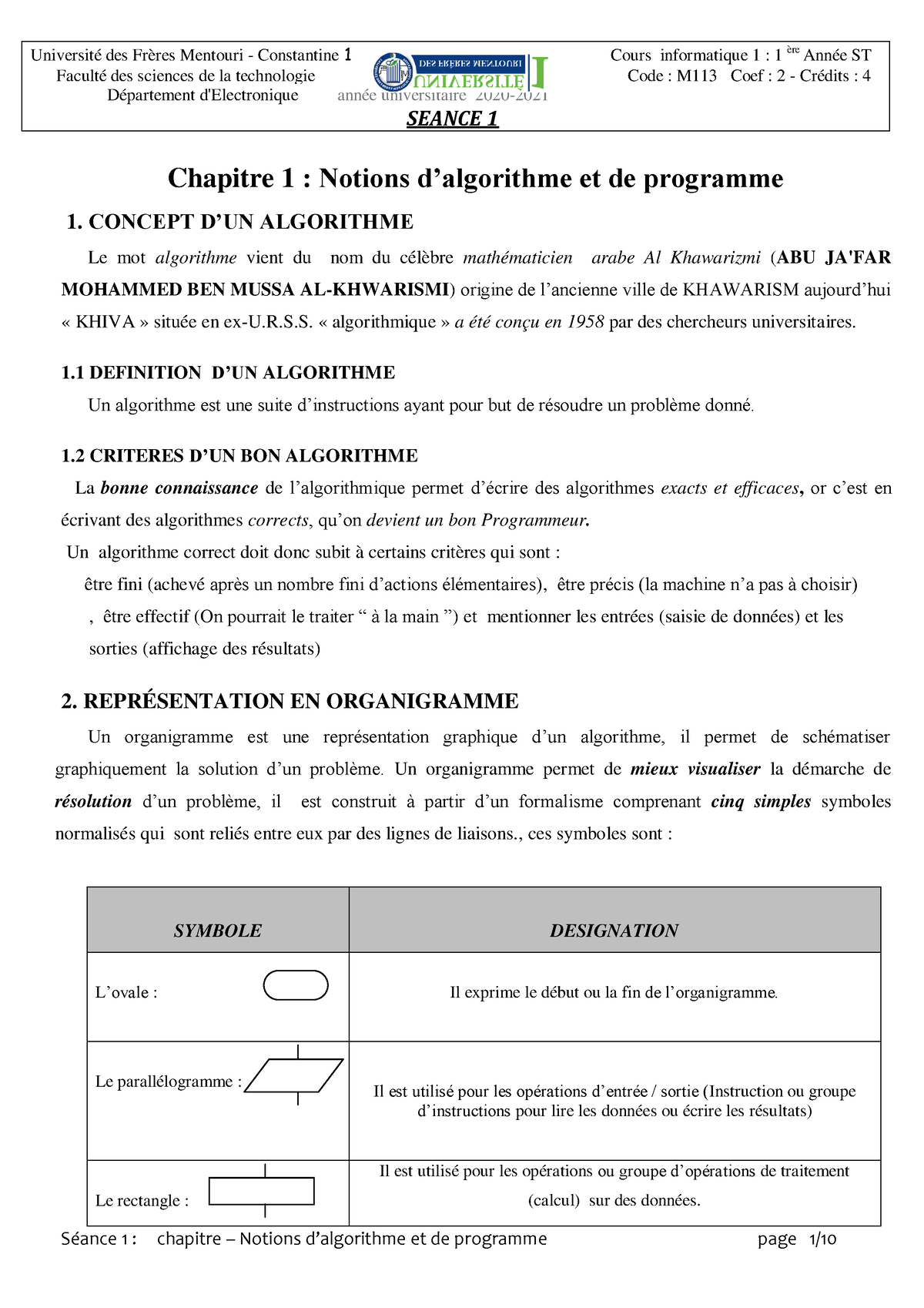 Informatique 1 Mezhoud   Séance 1 : Chapitre   Notions D'algorithme Et