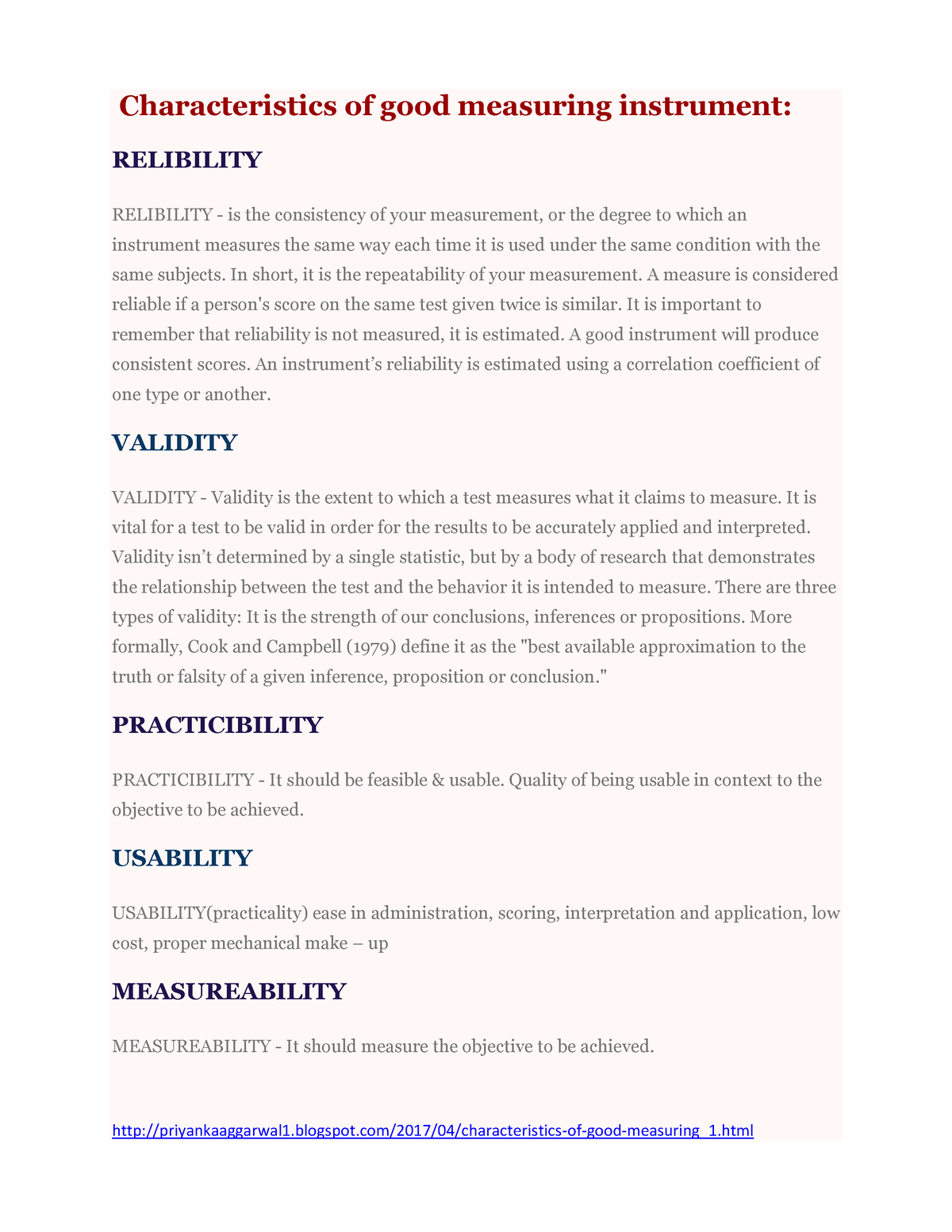 Characteristics of good measuring instrument Characteristics of good