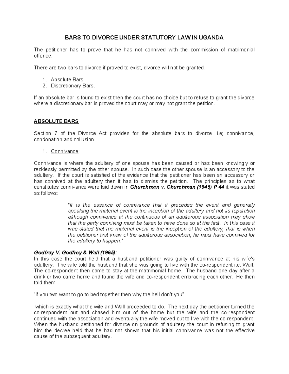 BARS TO Divorce Under Statutory LAW IN Uganda BARS TO DIVORCE UNDER