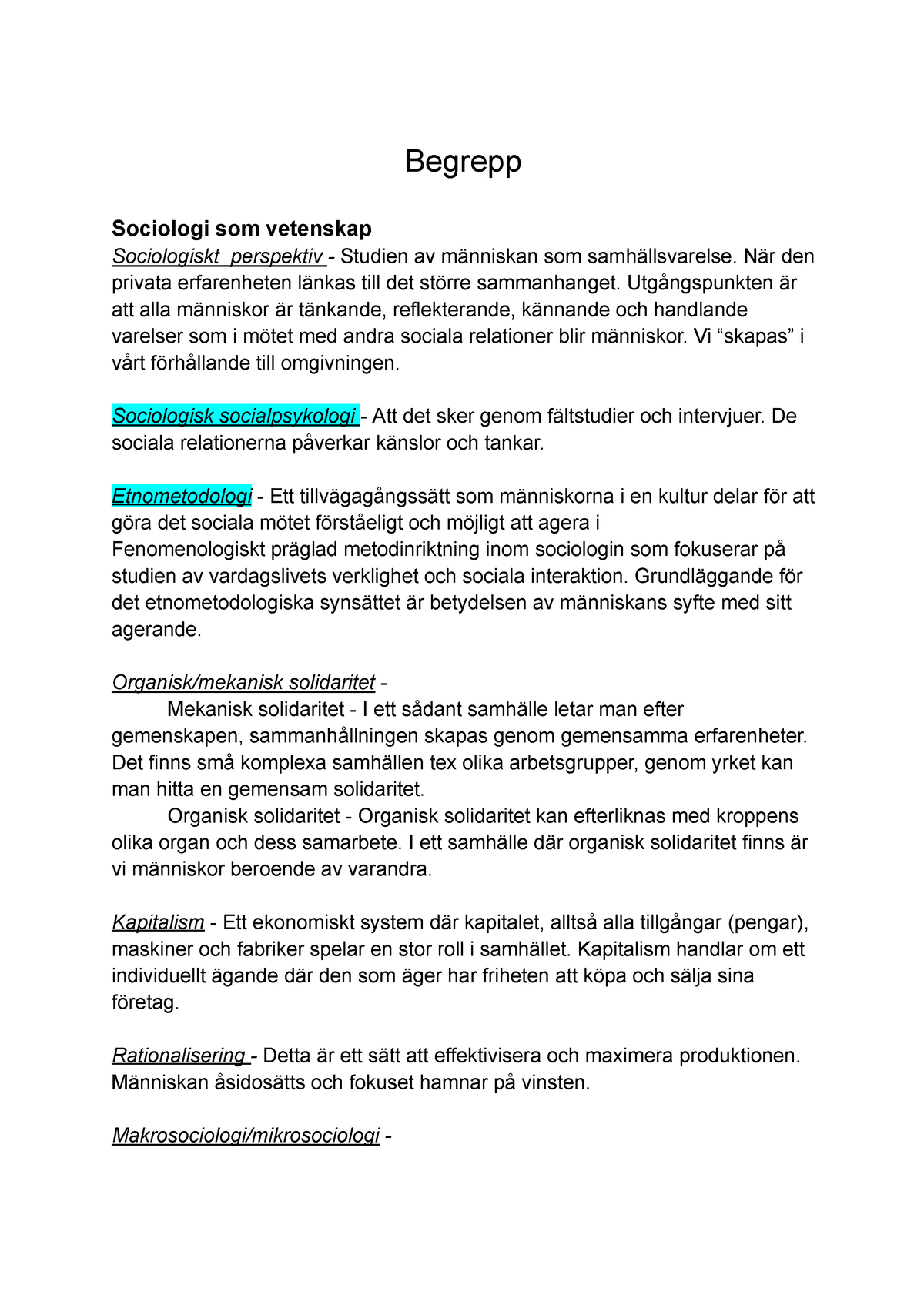 Begrepp - Sociologi -2 - Begrepp Sociologi Som Vetenskap Sociologiskt ...