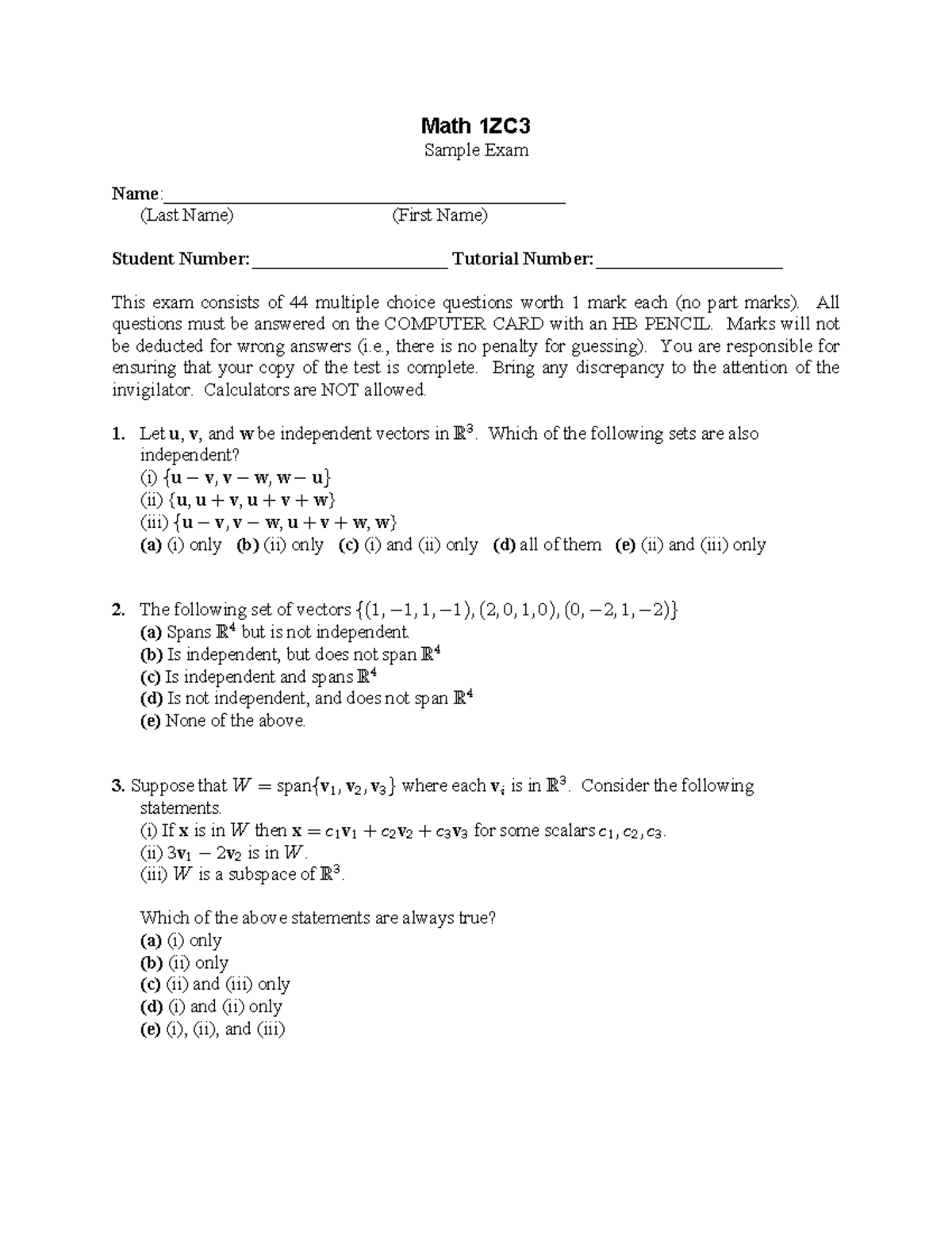 Linalg - Sample Exam - Math 1ZC Sample Exam Name