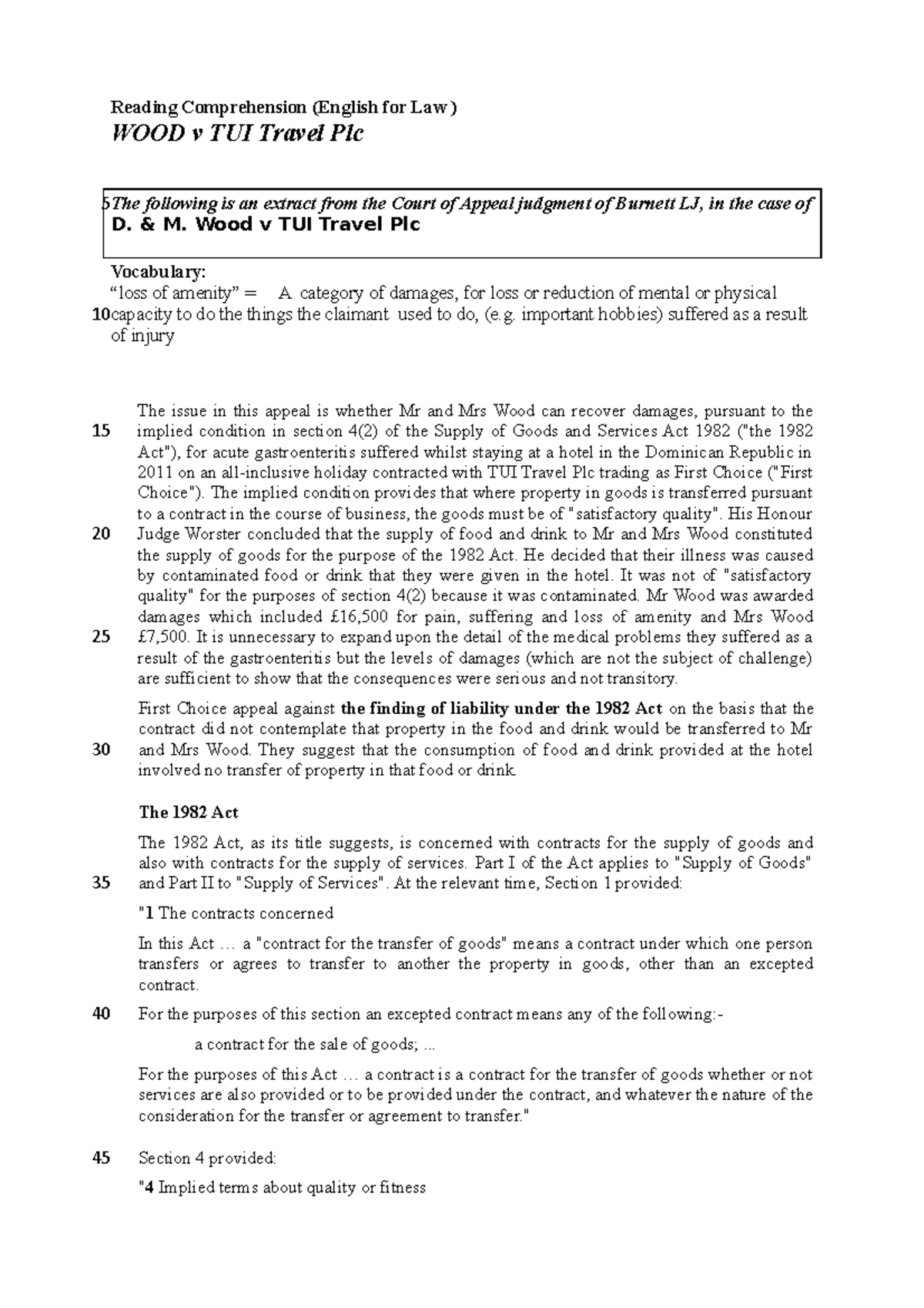Wood v TUI Travel plc Reading Comp Reading Comprehension (English