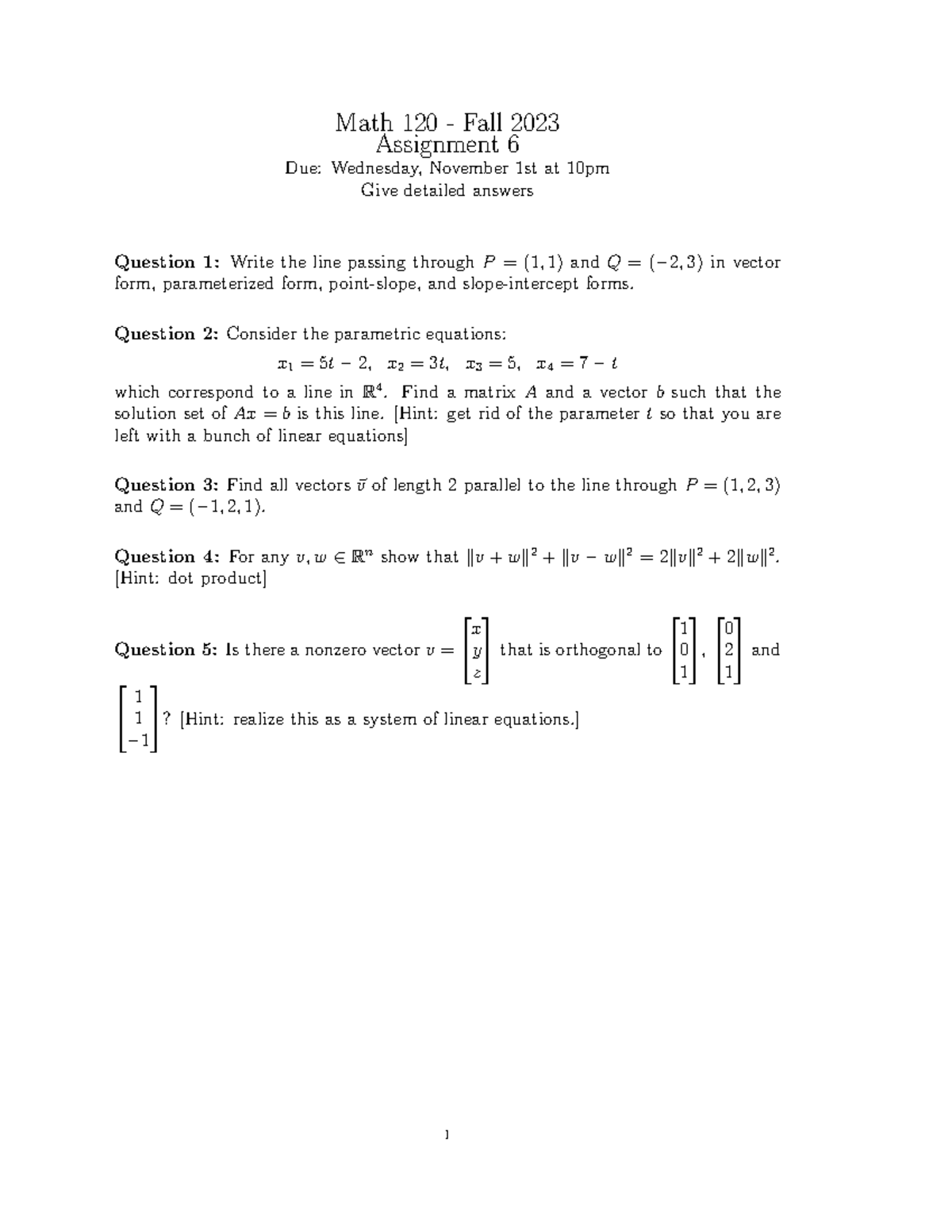 Assignment 6 - Note - Math 120 - Fall 2023 Assignment 6 Due: Wednesday ...