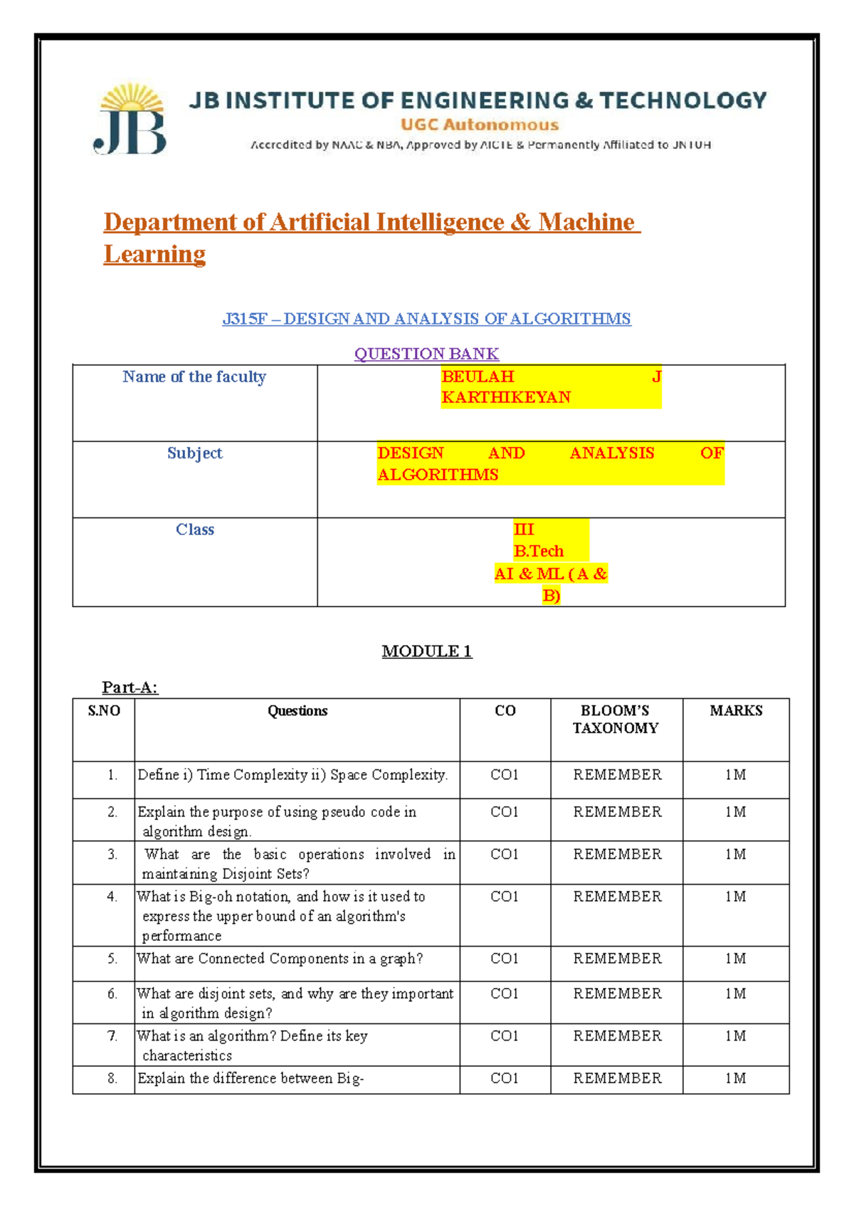 DAA Question BANK - imp ouestions - Department of Artificial ...