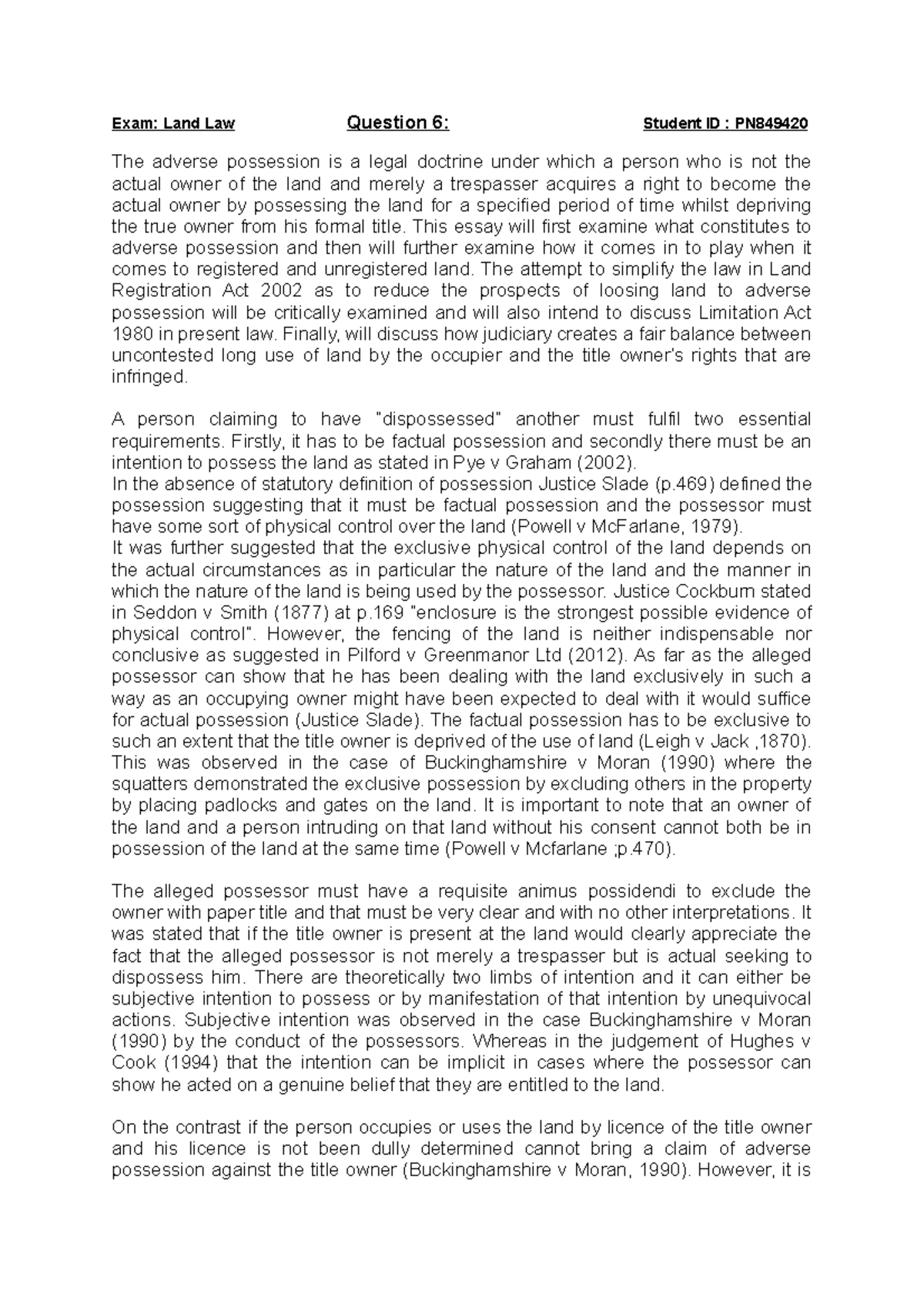 Exam Land Law coursework Exam Land Law Question 6 Student ID PN