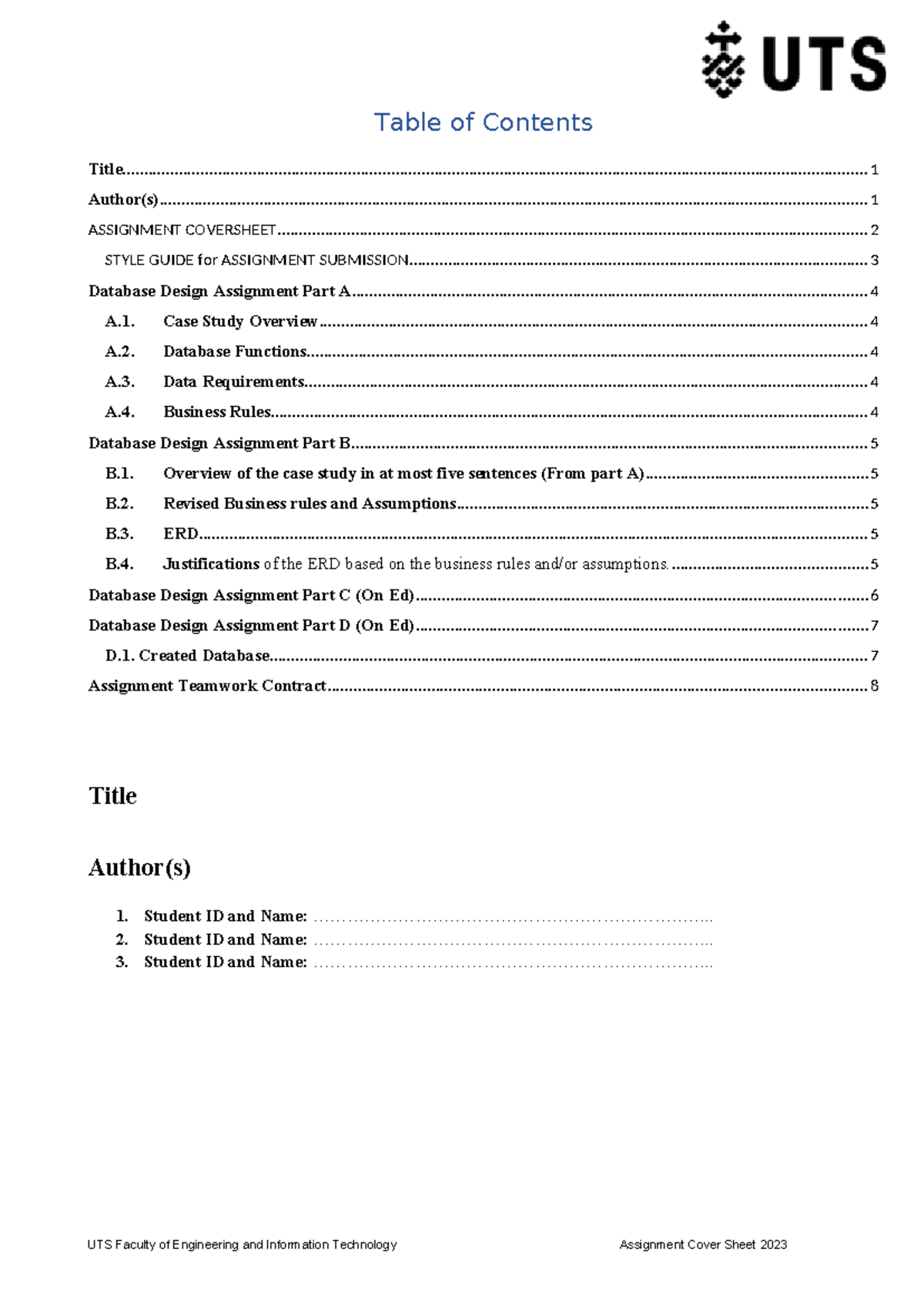 Assignment Template A2024 - Table of Contents - Studocu
