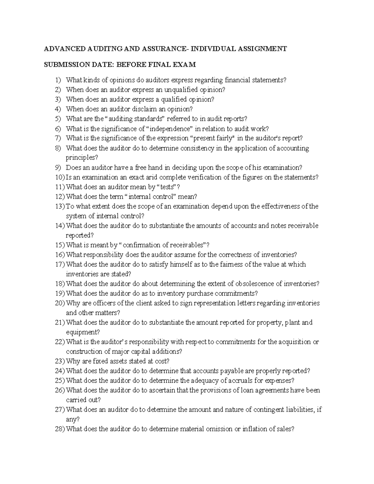Advanced Auditng AND Assurance- Indvidual Assignment - ADVANCED AUDITNG ...
