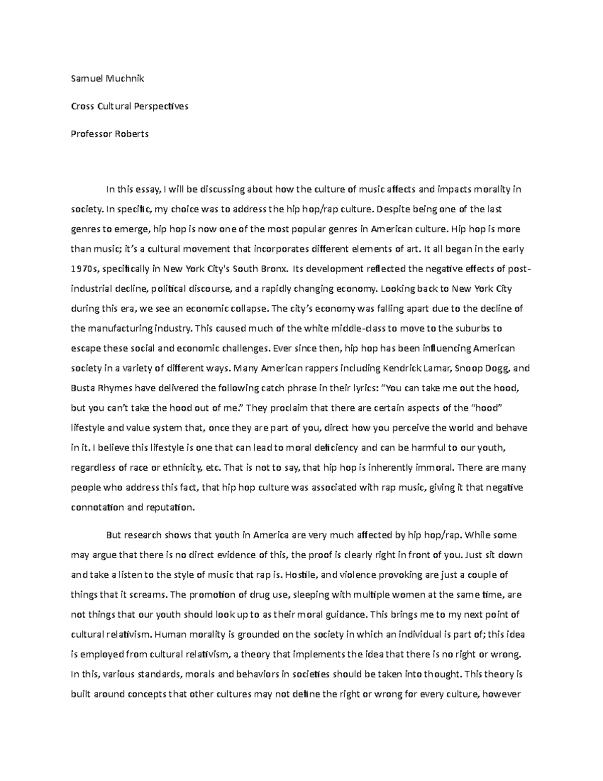 Cross Cultural Perspectives-Final Essay - Samuel Muchnik Cross Cultural ...