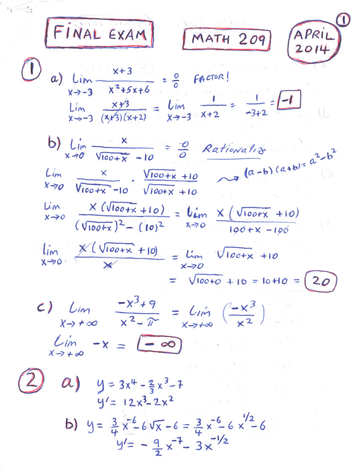 MATH 209 Final EXAM April 2014 Solutions - 1 FiNAL EXAM MATH 209 APRIL ...