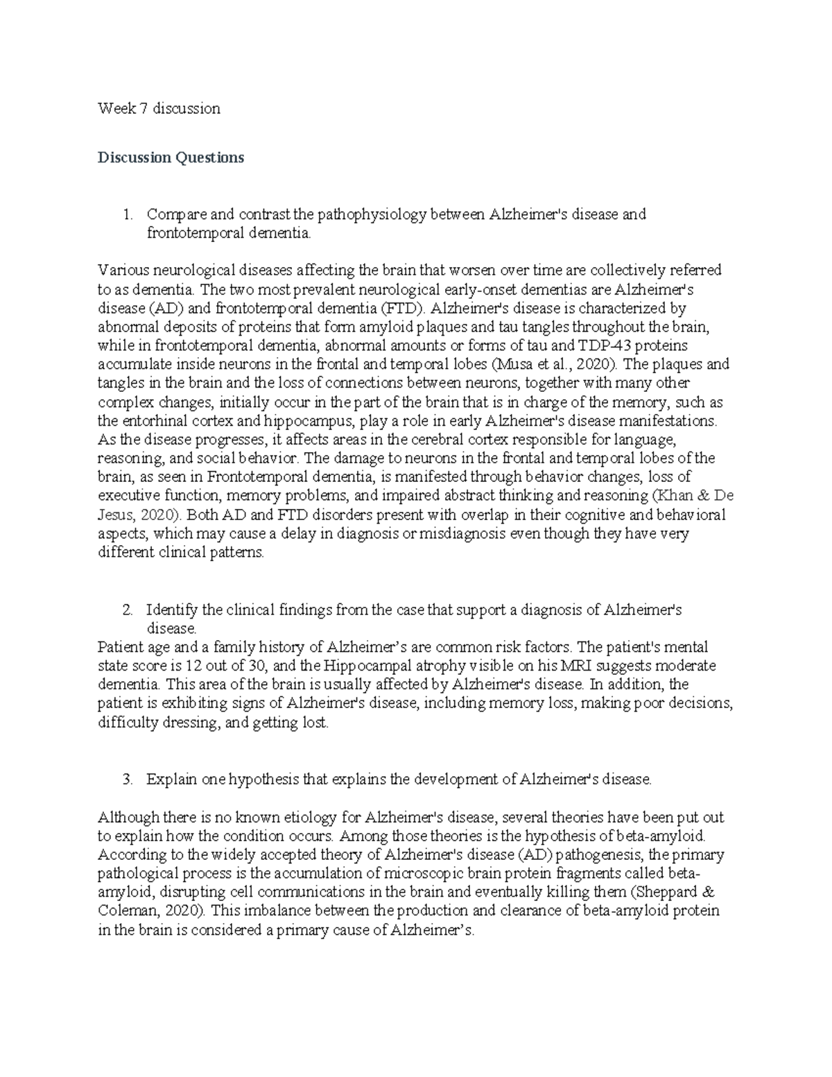 Week 7 discussion-alzheimers - Week 7 discussion Discussion Questions 1 ...