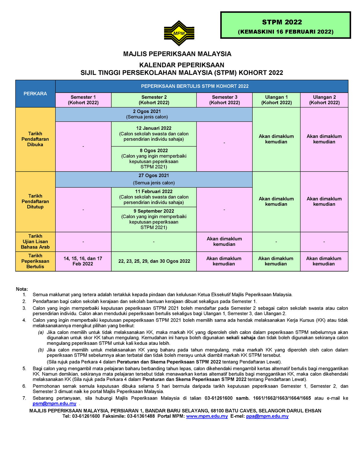 Kalendar Stpm2022 Edisi 16 Feb 2022 Majlis Peperiksaan Malaysia Kalendar Peperiksaan Sijil Tinggi Studocu