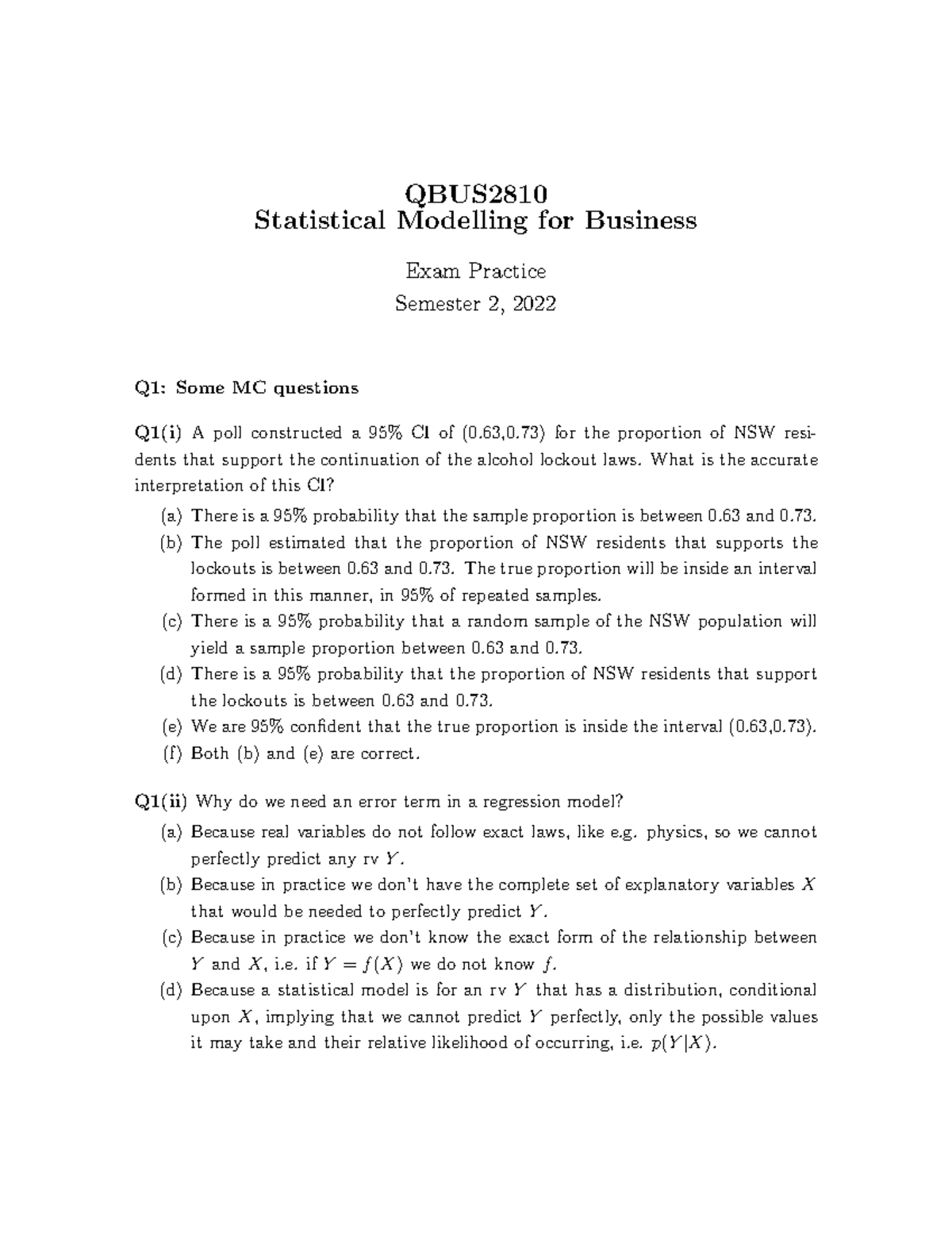 QBUS2810 Final Exam Practice Questions - QBUS Statistical Modelling for ...