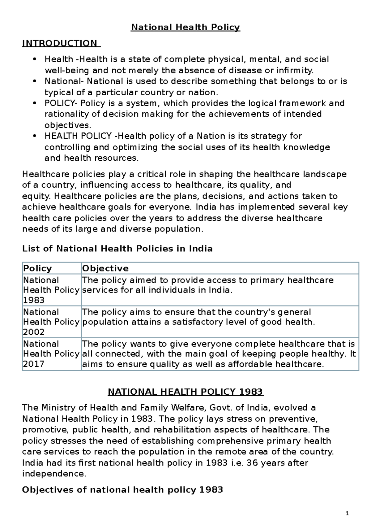 Healthlaw - National Health Policy INTRODUCTION Health -Health is a ...