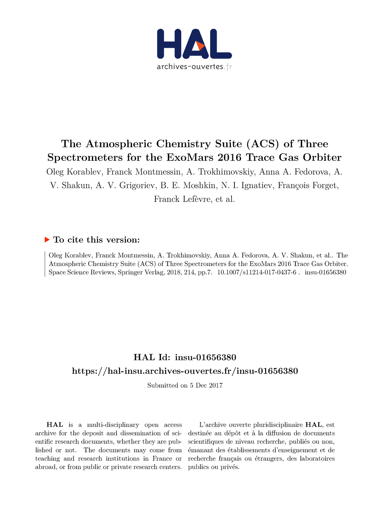 The Atmospheric Chemistry Suite (ACS) - HAL Id: Insu- Hal-insu.archives ...