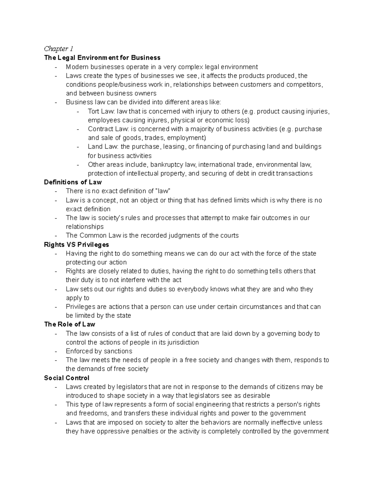 ADMS 2610 Week 1 Notes - Chapter 1 The Legal Environment for Business ...