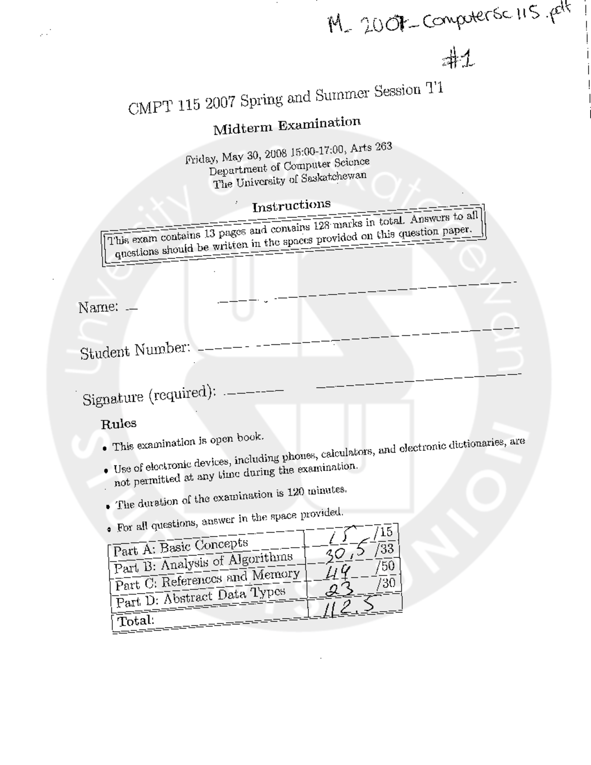 Exam 30 May 2008, questions and answers - Cmpt 115.3 - Studocu