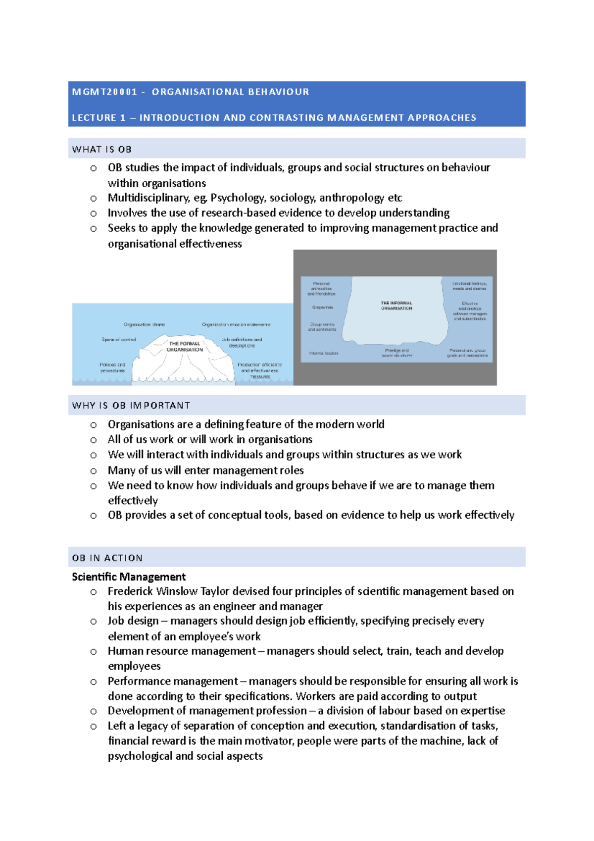 OB Notes - MGMT20001 - ORGANISATIONAL BEHAVIOUR LECTURE 1 ...