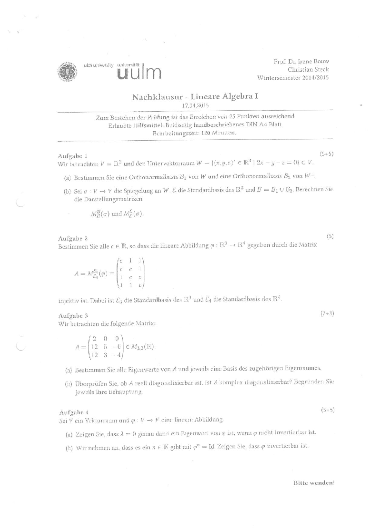 LA1.2015 .Bouw.2.B - Klausur - Lineare Algebra 1 - Studocu