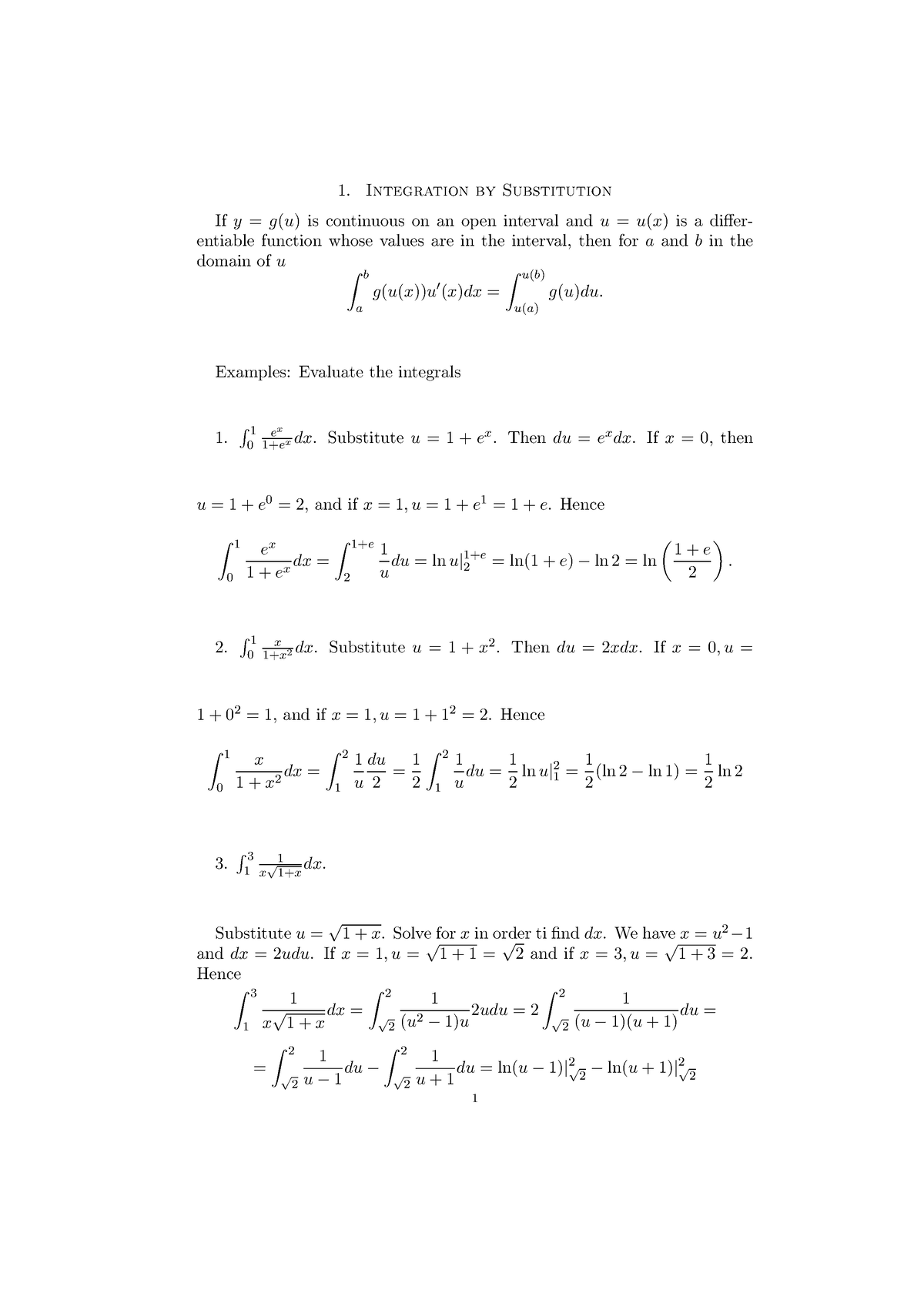 Integration By Substitution - Examples: Evaluate The Integrals 1. ∫ 1 0 