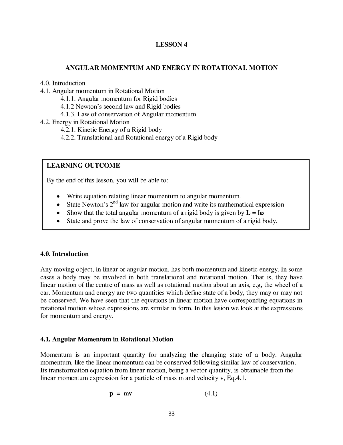 Lesson 4 - Phy 290 - LESSON 4 ANGULAR MOMENTUM AND ENERGY IN ROTATIONAL ...