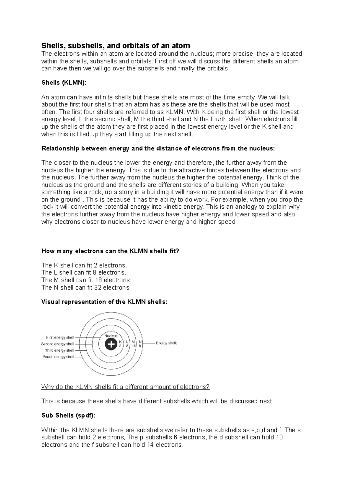 Summary Shells, Subshells And Orbitals Of An Atom - Shells, Subshells ...