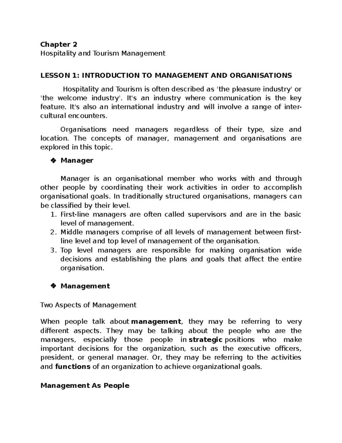 Chapter 2 Hospitality and Tourism Management It's an industry where