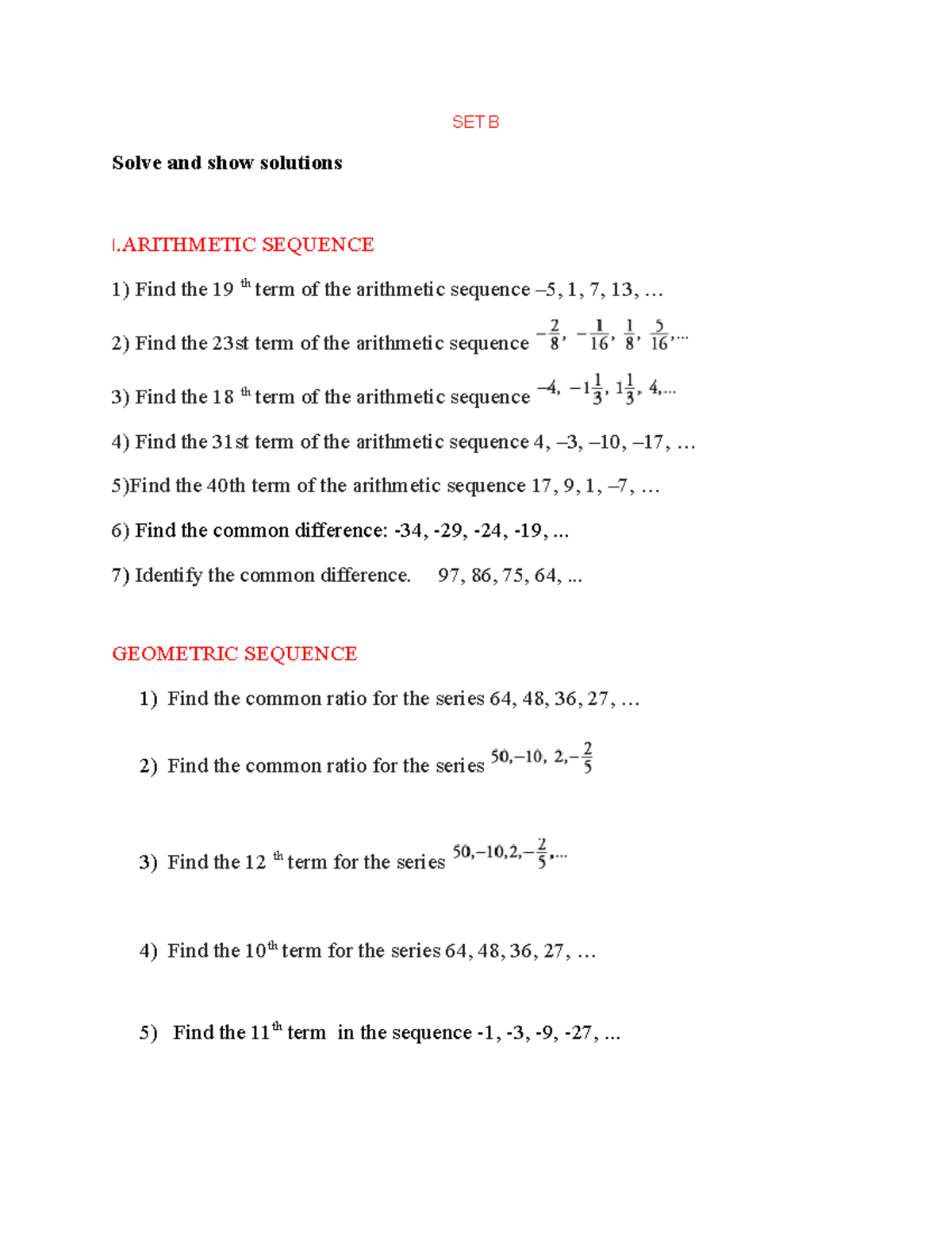 SET B QUIZ - Lecture - SET B Solve And Show Solutions I SEQUENCE Find ...