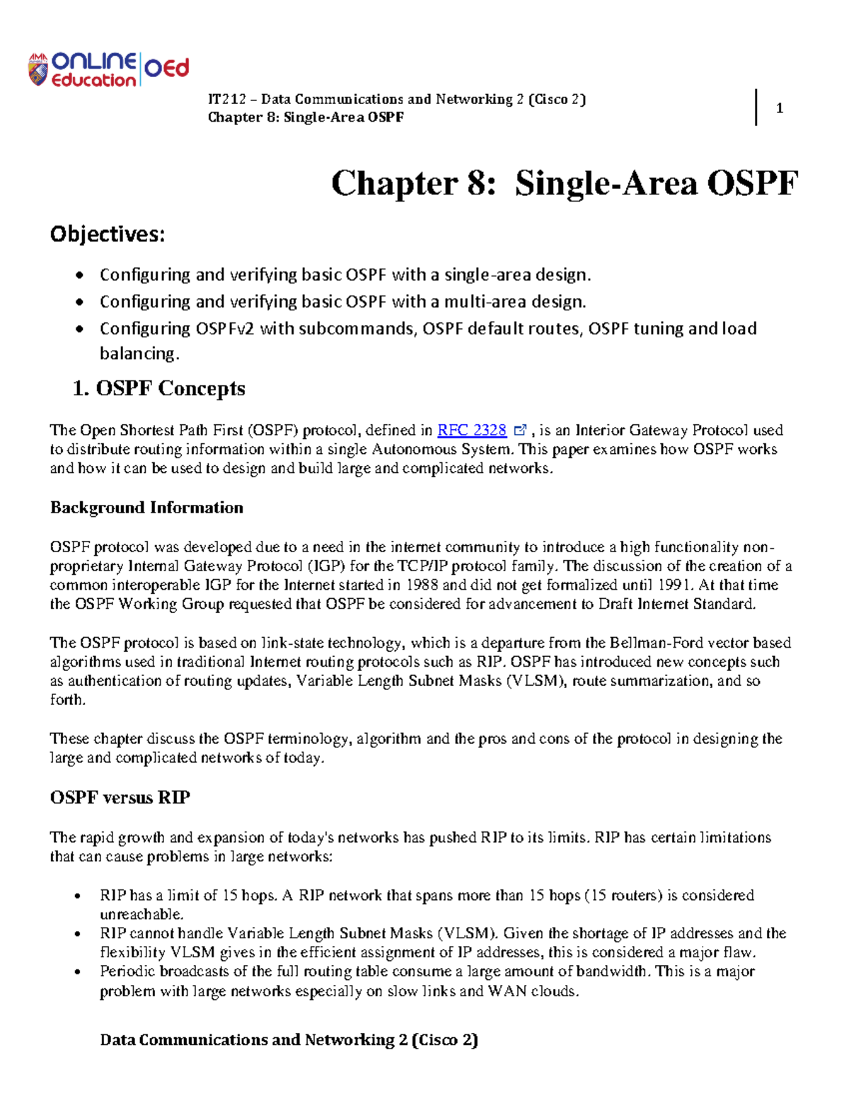 W10- Module-Chapter 8 Single-Area OSPF - Chapter 8: Single-Area OSPF 1 ...