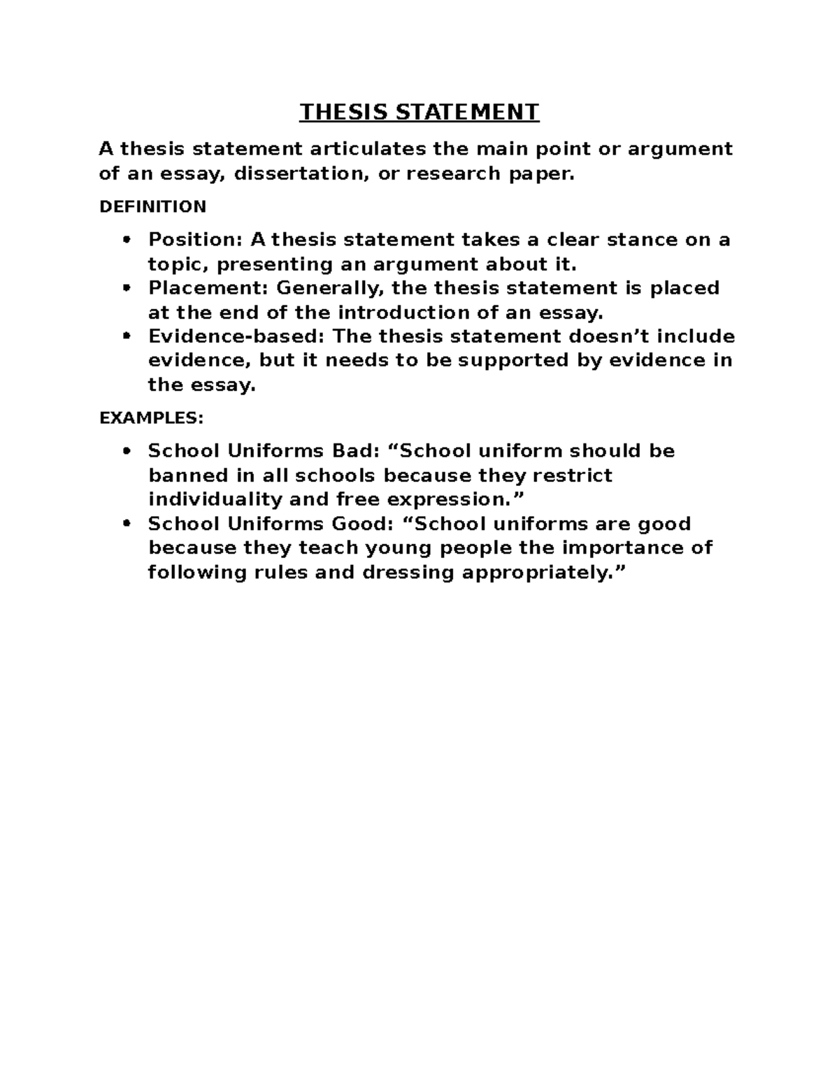 Thesis- Statement - THESIS STATEMENT A thesis statement articulates the ...