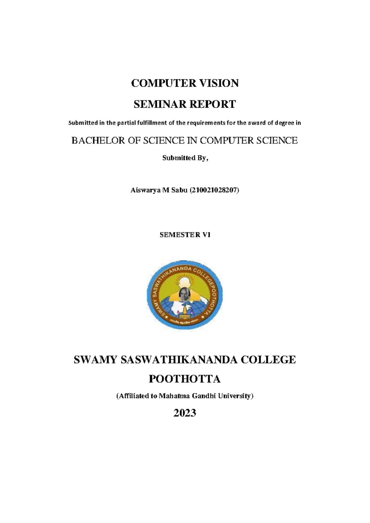 Front PAGE Seminar - COMPUTER VISION SEMINAR REPORT Submitted in the ...