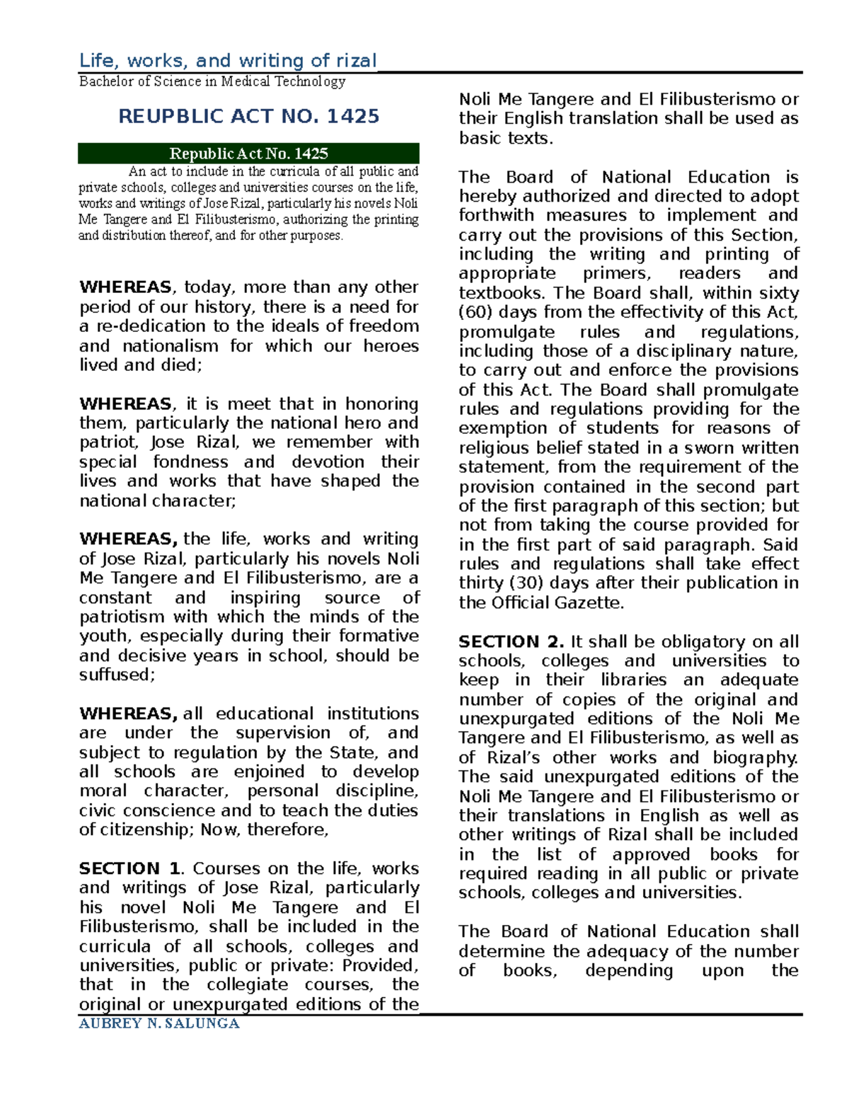 RIZL WEEK 1 - NOTES - Life, works, and writing of rizal Bachelor of ...