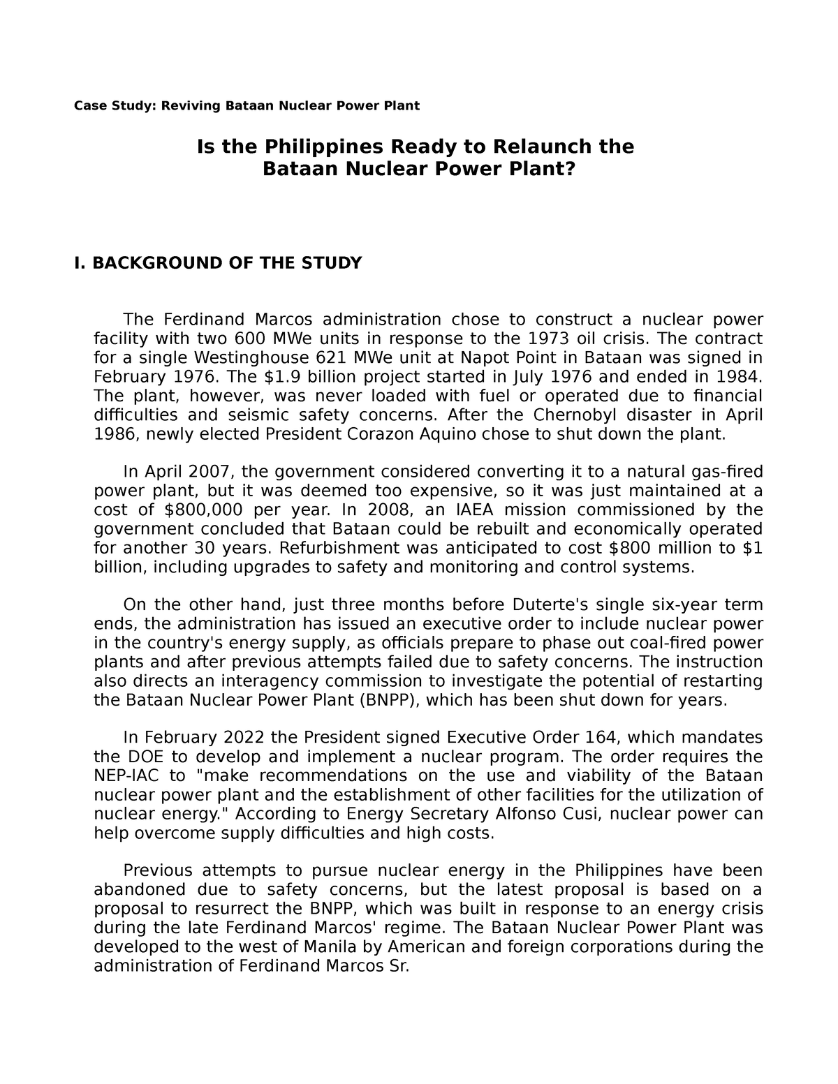 bataan nuclear power plant case study