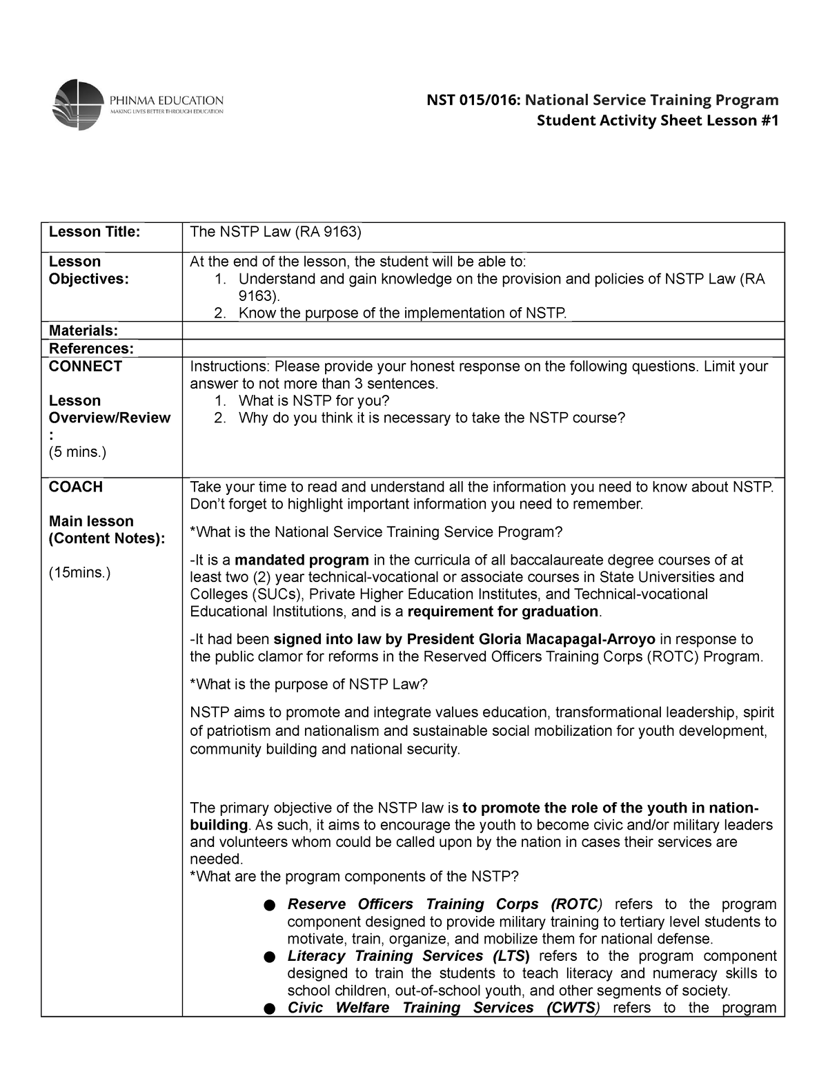 NSTP SAS 1 - Study Hard! - Student Activity Sheet Lesson # Lesson Title ...