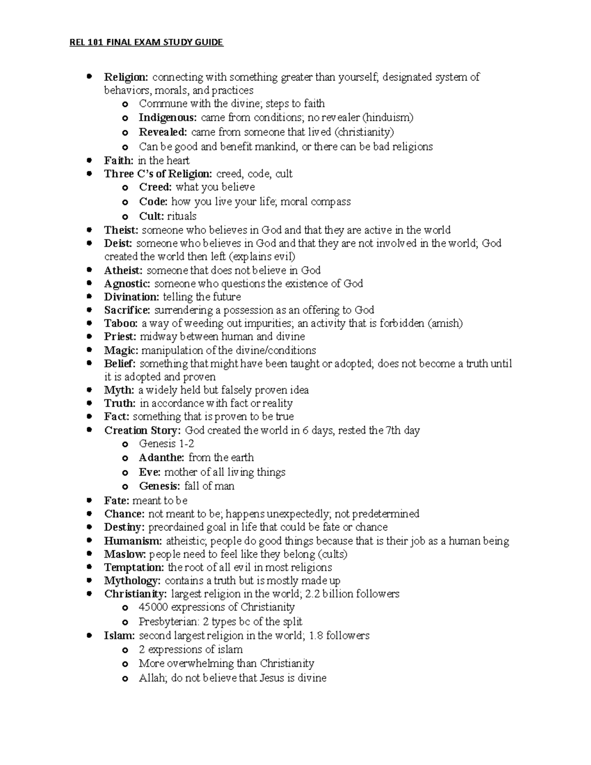 Rel 101 final exam study guide - Religion: connecting with something ...