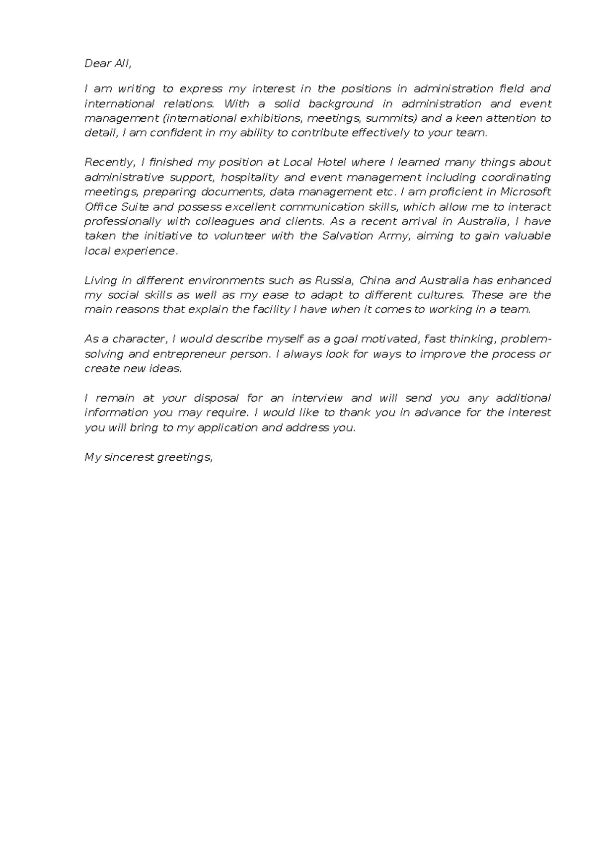 Cover letter - Dear All, I am writing to express my interest in the ...