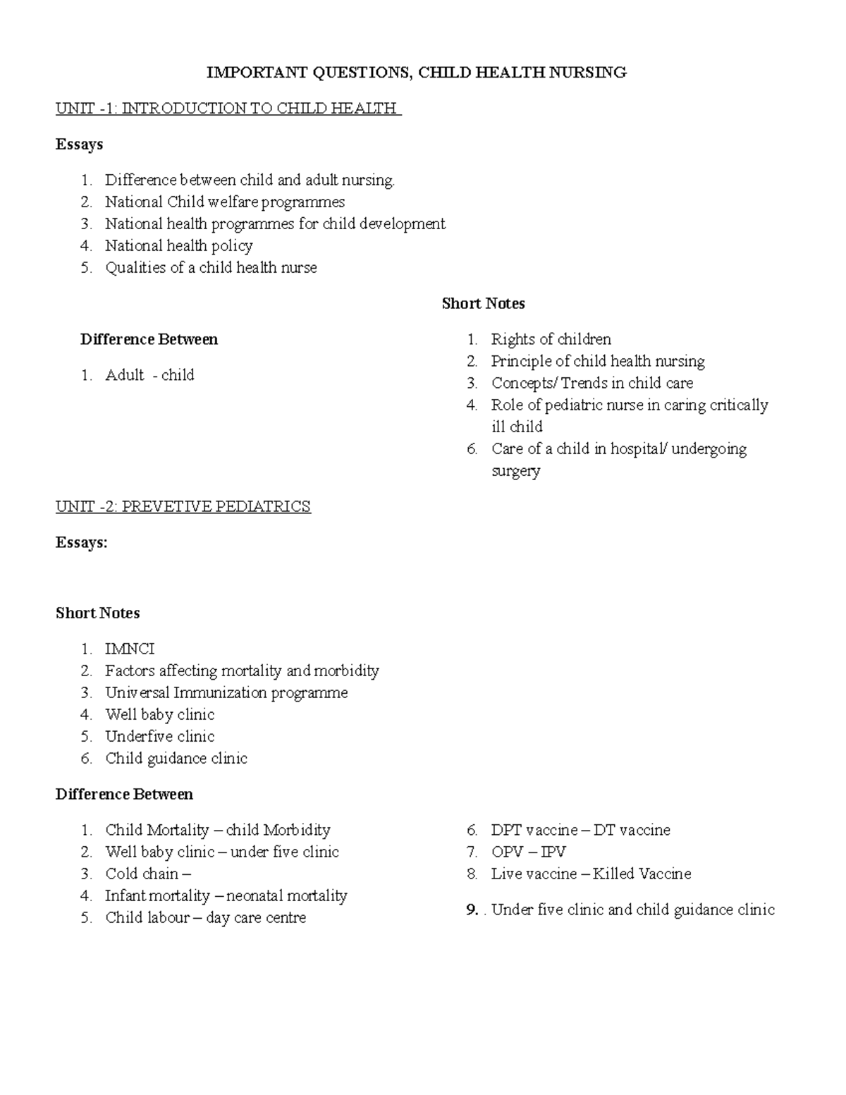Important questions 3rd B IMPORTANT QUESTIONS, CHILD HEALTH NURSING