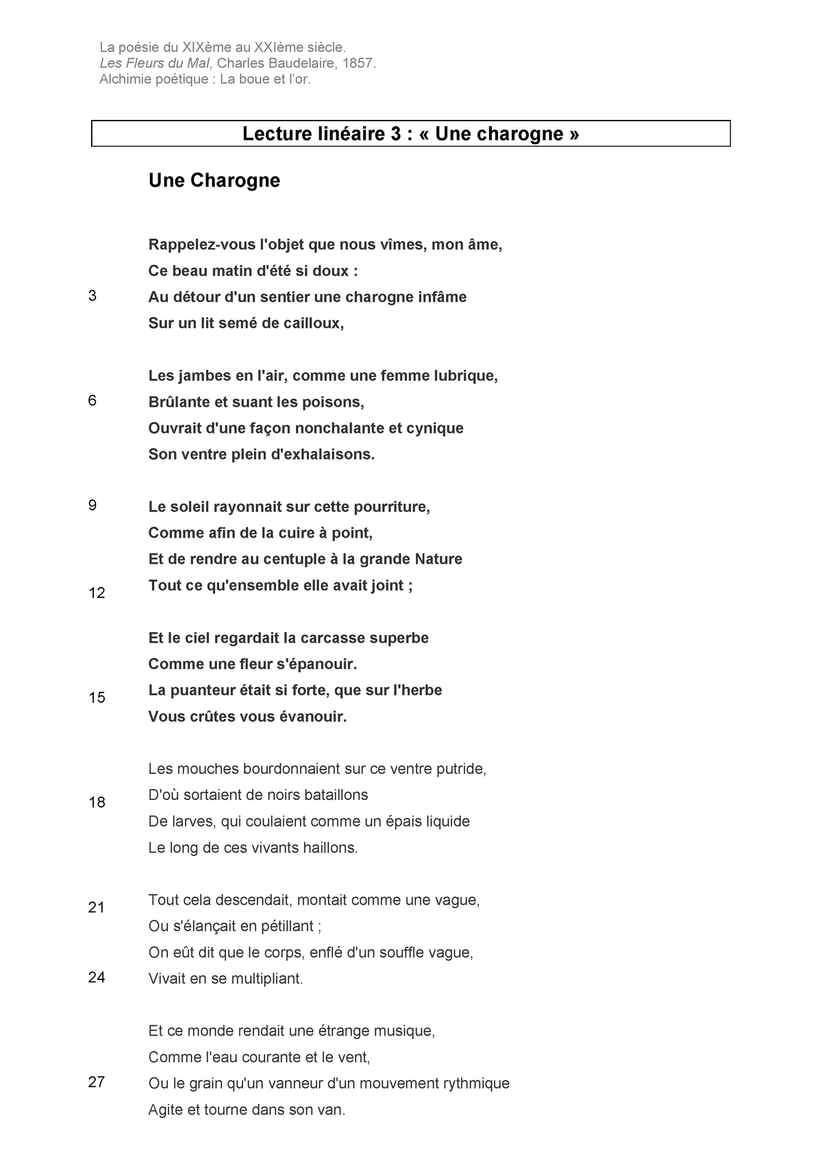 Texte Une charogne - Notes de cours 1,3-7, 10 - La poésie du XIXème au ...